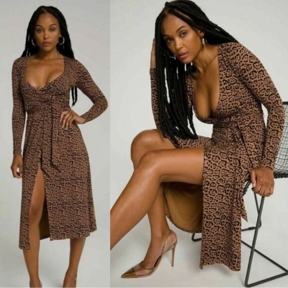 Good American DayNight Long Sleeve Wrap Midi Dress in Sepia Leopard Size XS - Picture 1 of 11